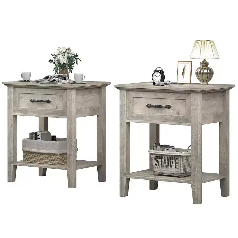 Garvee Nightstands Set of 2, Industrial Side/End Tables with Drawer and Storage Shelf, Night Stands for Bedroom, Living Room, 2 Pack, Grey