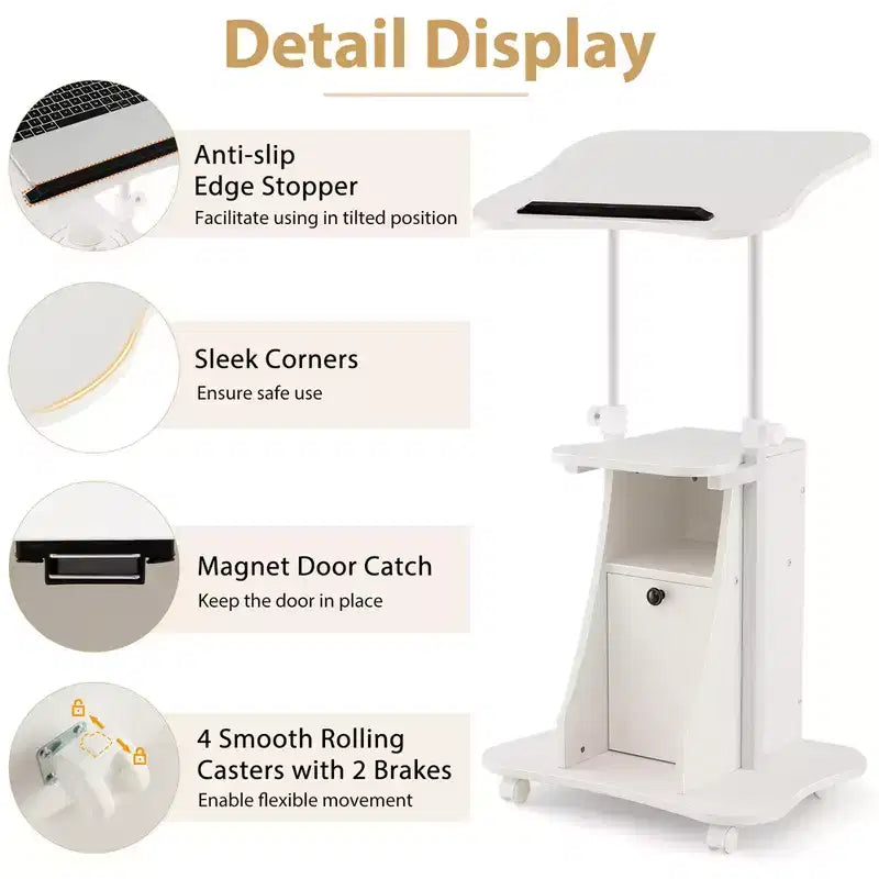Support de podium mobile Costway, Chariot de bureau pour ordinateur portable avec rangement, Hauteur réglable, Blanc/Noir