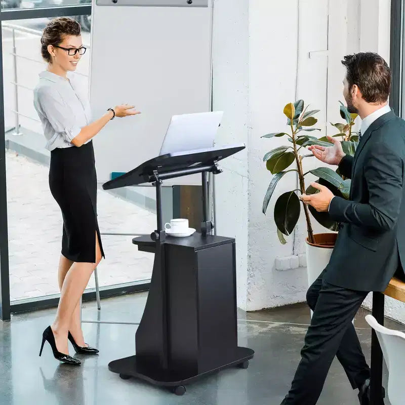 Support de podium mobile Costway, Chariot de bureau pour ordinateur portable avec rangement, Hauteur réglable, Blanc/Noir