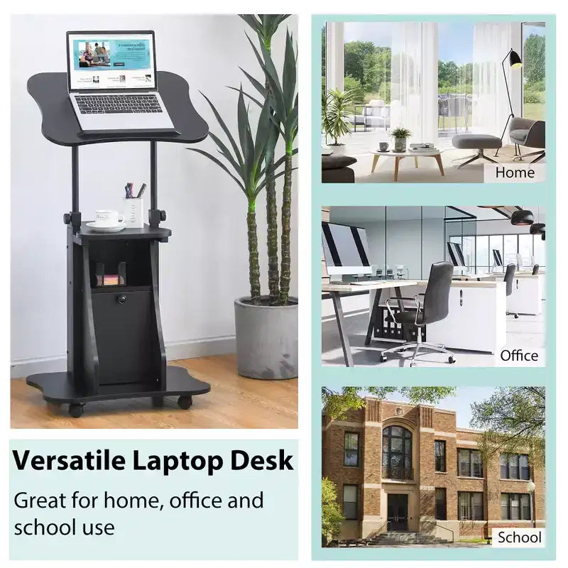 Support de podium mobile Costway, Chariot de bureau pour ordinateur portable avec rangement, Hauteur réglable, Blanc/Noir