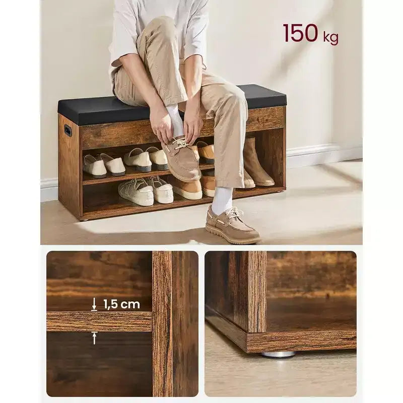 VASAGLE Banc à chaussures, banc de rangement avec coussin, banc porte-chaussures avec siège rembourré, 3 compartiments, rangement dissimulé, étagères, marron rustique et noir