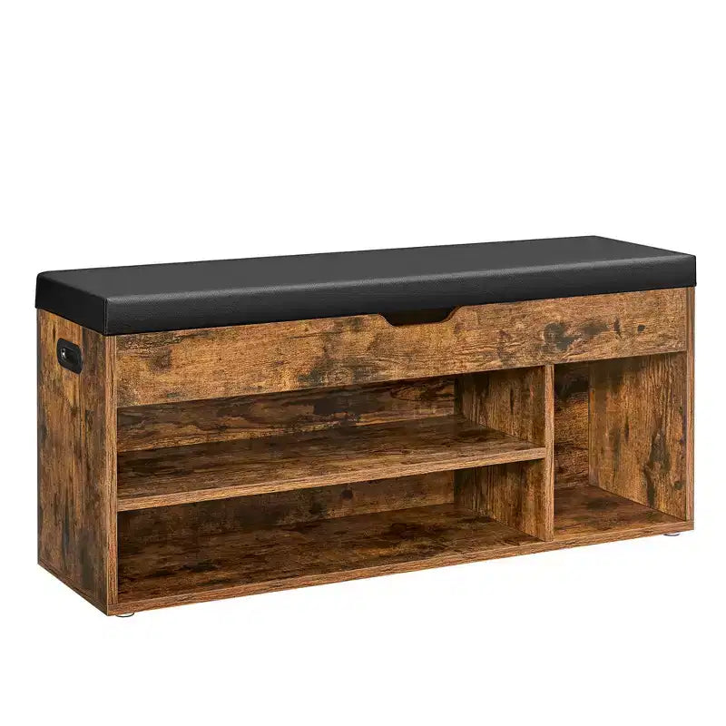 VASAGLE Banc à chaussures, banc de rangement avec coussin, banc porte-chaussures avec siège rembourré, 3 compartiments, rangement dissimulé, étagères, marron rustique et noir
