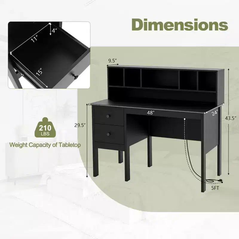 Bureau informatique Costway 48 avec prises de courant, port Type-C, étagère à 5 casiers et 2 tiroirs de rangement Noir/Blanc