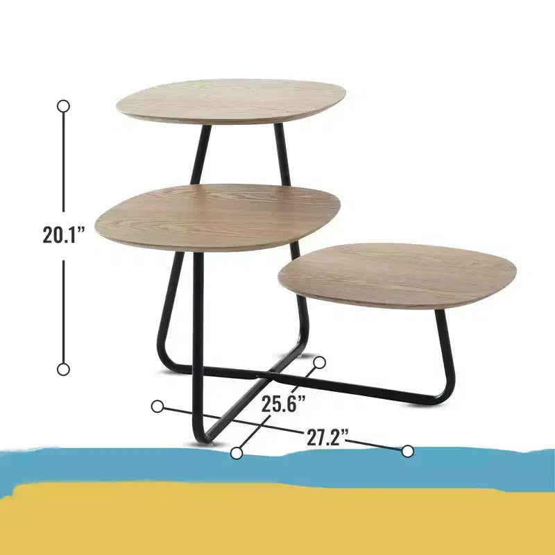 Table Basse Multi-Niveaux 3 Étages LeisureMod - Grain de Bois Blanc et Métal Noir
