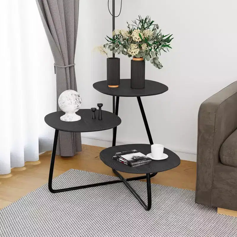Table Basse Multi-Niveaux 3 Étages LeisureMod - Grain de Bois Blanc et Métal Noir