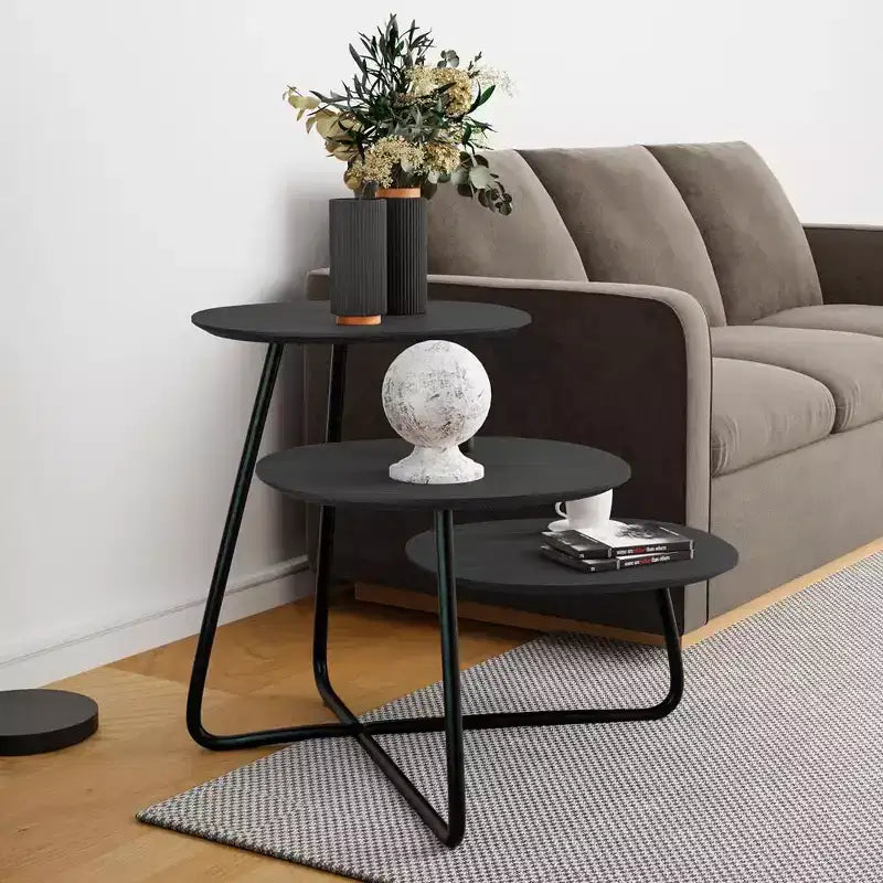 Table Basse Multi-Niveaux 3 Étages LeisureMod - Grain de Bois Blanc et Métal Noir