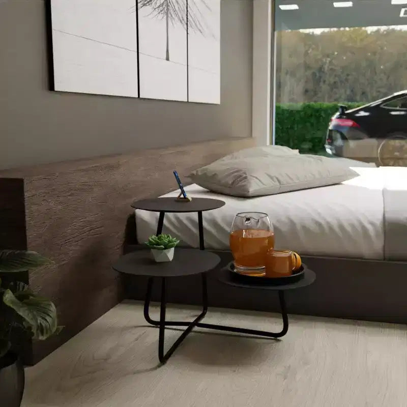 Table Basse Multi-Niveaux 3 Étages LeisureMod - Grain de Bois Blanc et Métal Noir