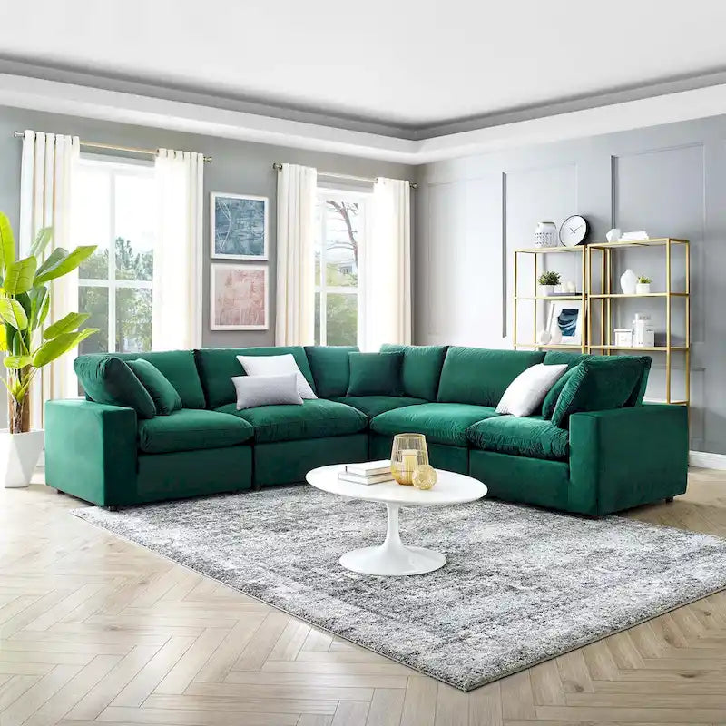 Canapé sectionnel 5 places en velours vert / marine / blanc / gris / rose poudré / cognac