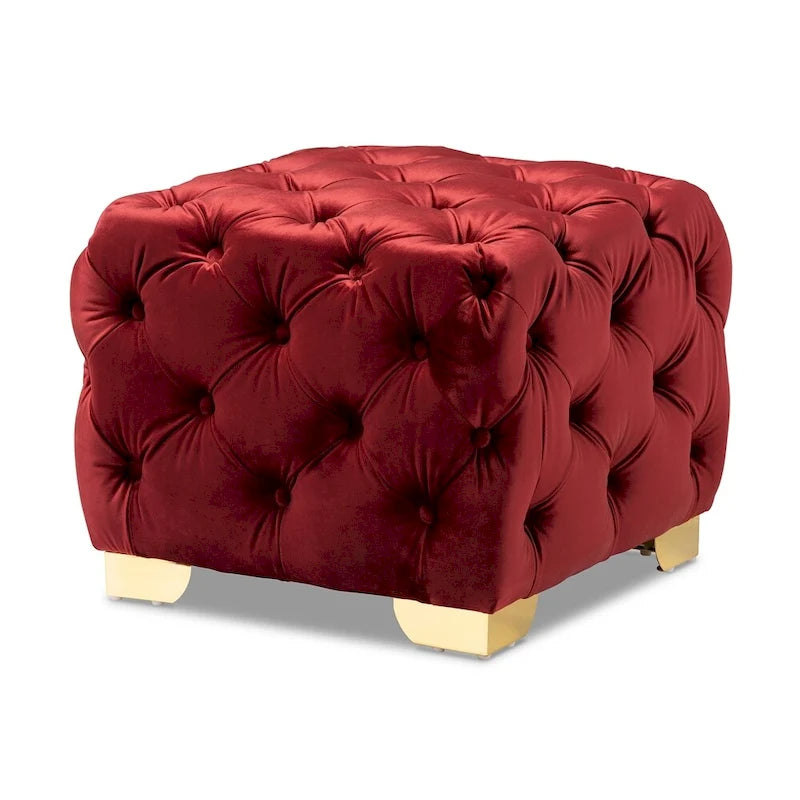 Ottoman en velours bordeaux / rose / beige / bleu / gris avec pieds dorés – Siège simple