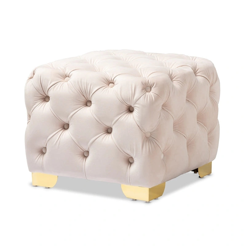 Ottoman en velours bordeaux / rose / beige / bleu / gris avec pieds dorés – Siège simple