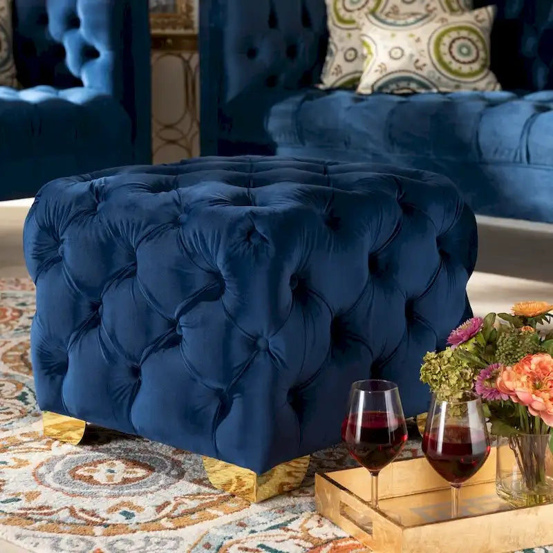 Ottoman en velours bordeaux / rose / beige / bleu / gris avec pieds dorés – Siège simple