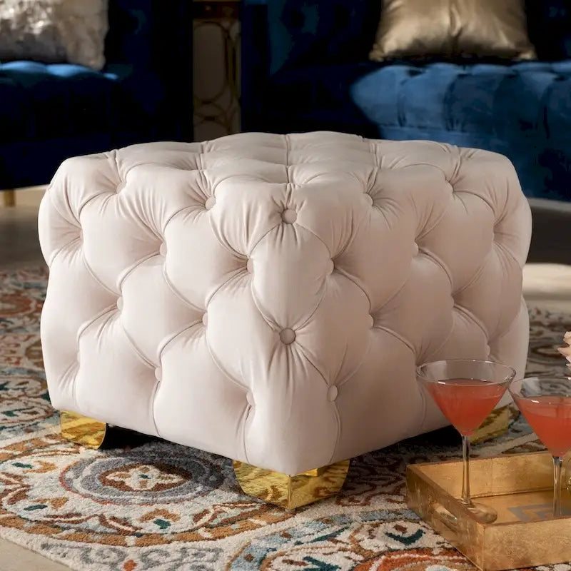 Ottoman en velours bordeaux / rose / beige / bleu / gris avec pieds dorés – Siège simple