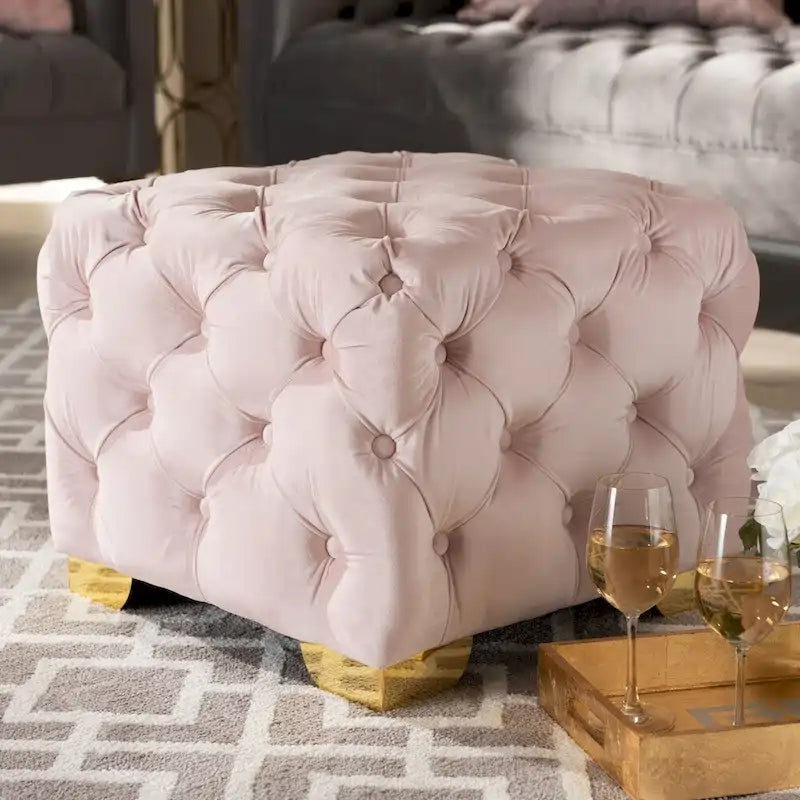Ottoman en velours bordeaux / rose / beige / bleu / gris avec pieds dorés – Siège simple