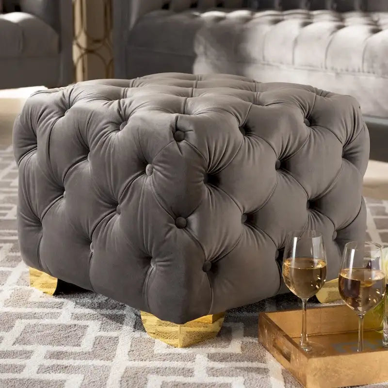 Ottoman en velours bordeaux / rose / beige / bleu / gris avec pieds dorés – Siège simple
