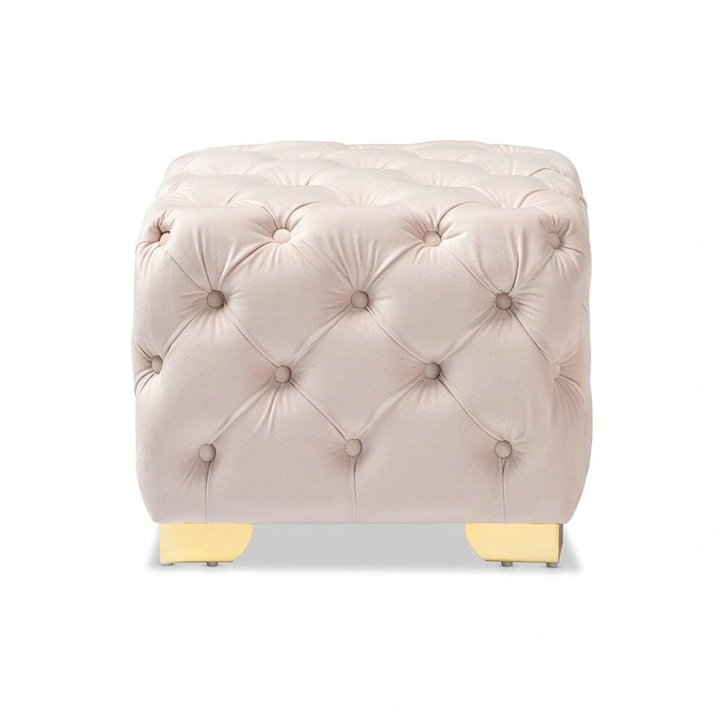 Ottoman en velours bordeaux / rose / beige / bleu / gris avec pieds dorés – Siège simple