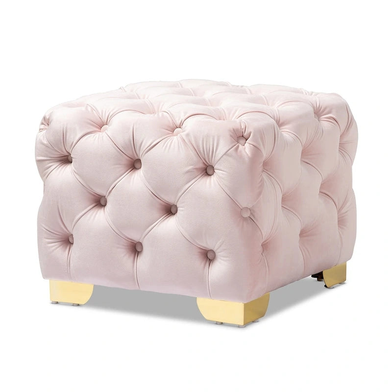 Ottoman en velours bordeaux / rose / beige / bleu / gris avec pieds dorés – Siège simple