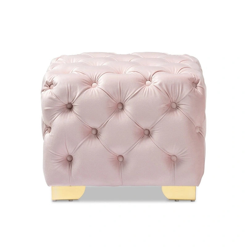 Ottoman en velours bordeaux / rose / beige / bleu / gris avec pieds dorés – Siège simple