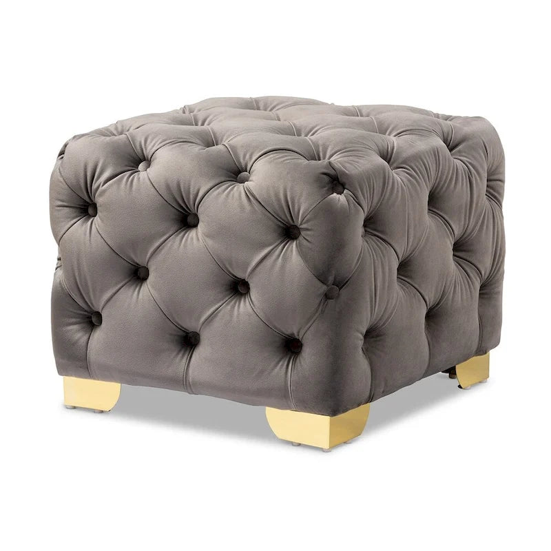 Ottoman en velours bordeaux / rose / beige / bleu / gris avec pieds dorés – Siège simple
