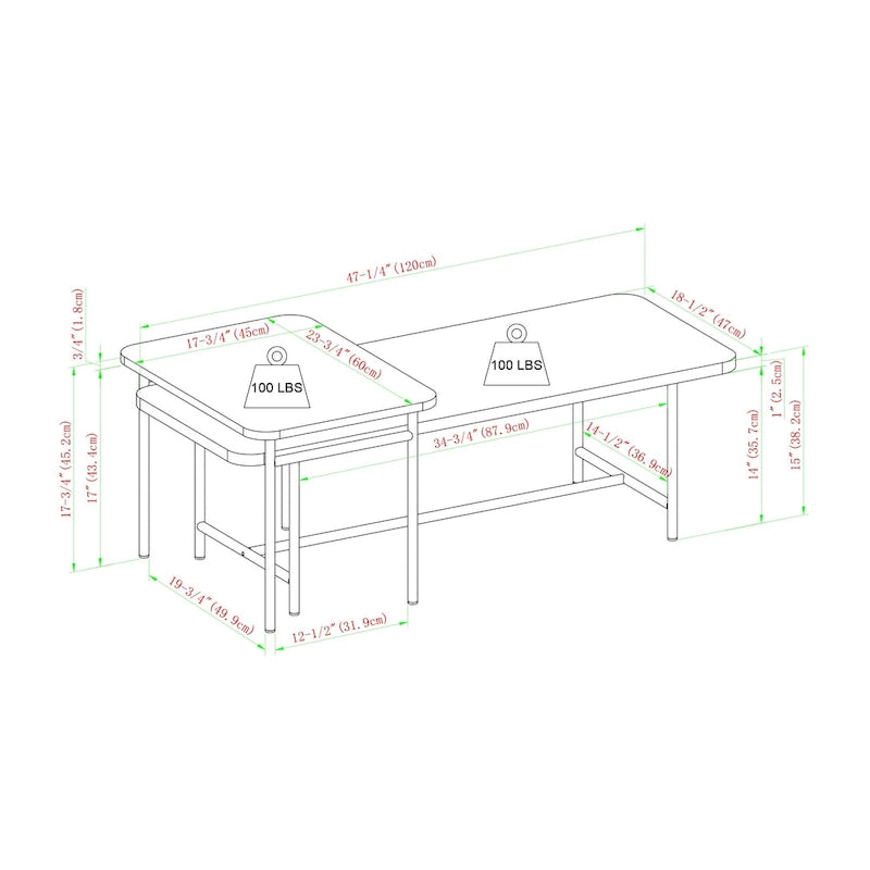 Lot de 2 tables basses gigognes en noyer foncé/doré et chêne côtier/noir