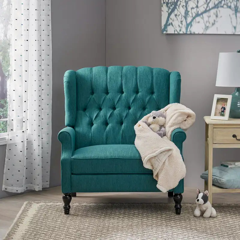 Coussin Teal / Blush Clair / Gris Clair / Beige + Pieds Marron Foncé – Fauteuil inclinable à dossier capitonné avec ailes, une place