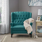 Coussin Teal / Blush Clair / Gris Clair / Beige + Pieds Marron Foncé – Fauteuil inclinable à dossier capitonné avec ailes, une place