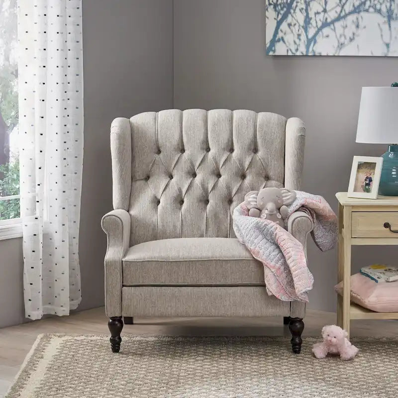 Coussin Teal / Blush Clair / Gris Clair / Beige + Pieds Marron Foncé – Fauteuil inclinable à dossier capitonné avec ailes, une place