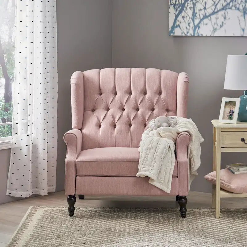 Coussin Teal / Blush Clair / Gris Clair / Beige + Pieds Marron Foncé – Fauteuil inclinable à dossier capitonné avec ailes, une place