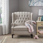 Coussin Teal / Blush Clair / Gris Clair / Beige + Pieds Marron Foncé – Fauteuil inclinable à dossier capitonné avec ailes, une place