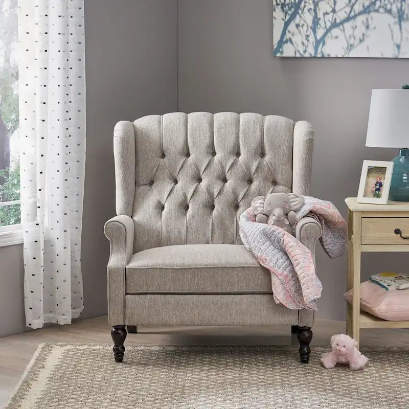 Coussin Teal / Blush Clair / Gris Clair / Beige + Pieds Marron Foncé – Fauteuil inclinable à dossier capitonné avec ailes, une place
