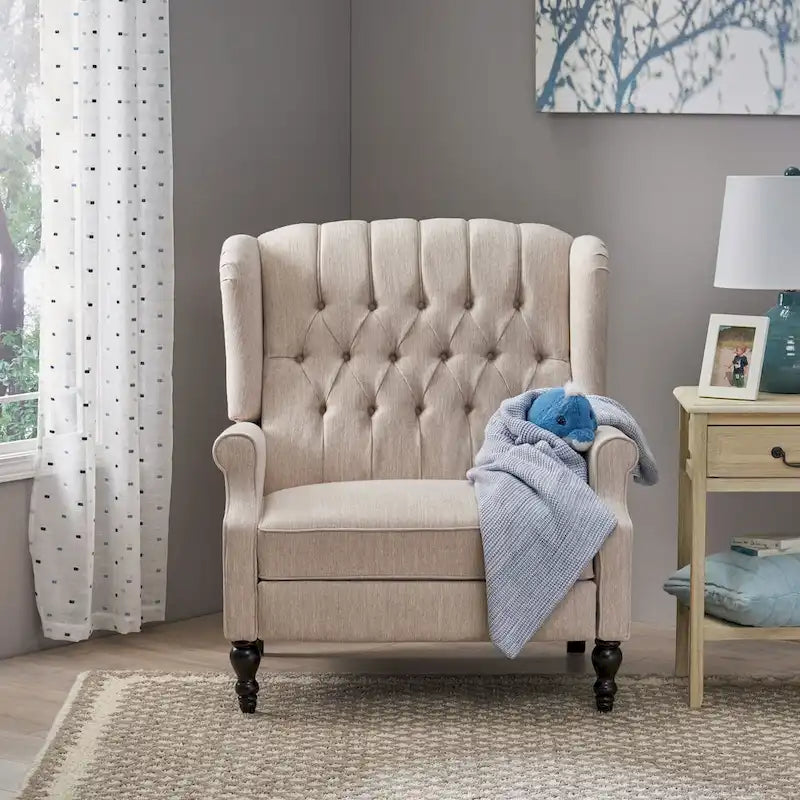 Coussin Teal / Blush Clair / Gris Clair / Beige + Pieds Marron Foncé – Fauteuil inclinable à dossier capitonné avec ailes, une place