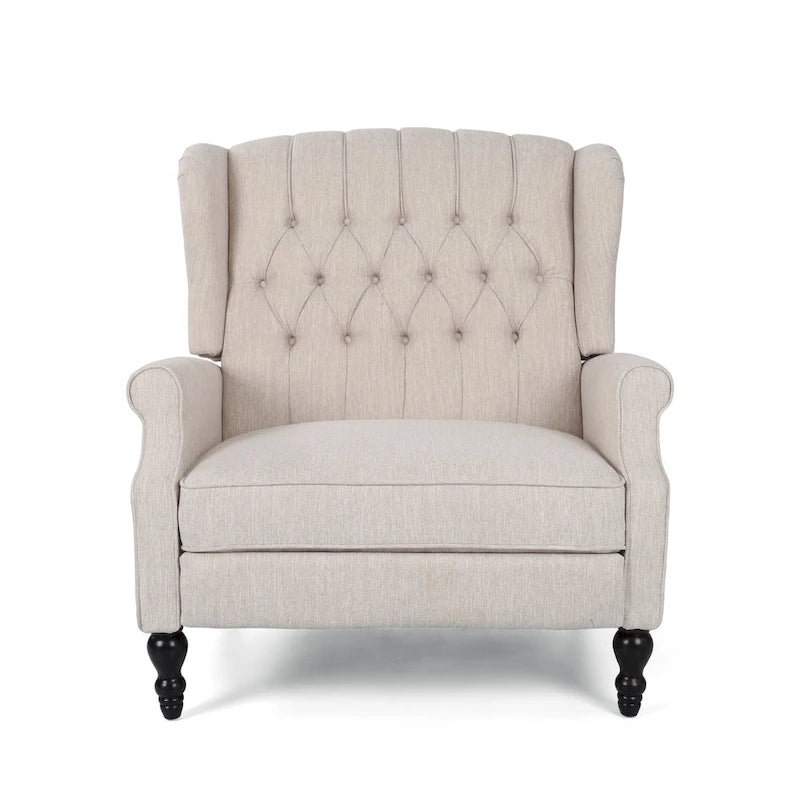 Coussin Teal / Blush Clair / Gris Clair / Beige + Pieds Marron Foncé – Fauteuil inclinable à dossier capitonné avec ailes, une place