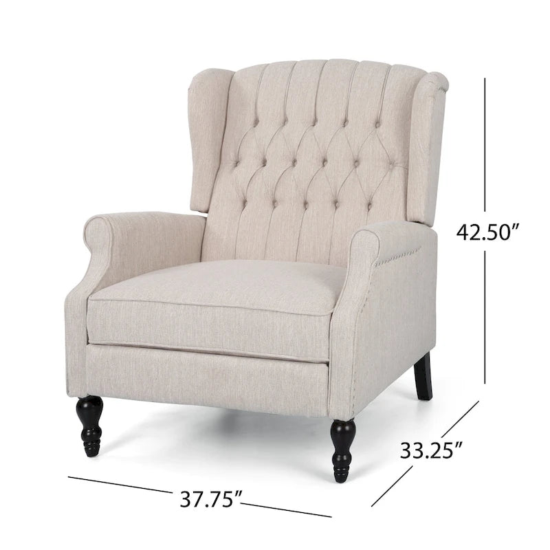 Coussin Teal / Blush Clair / Gris Clair / Beige + Pieds Marron Foncé – Fauteuil inclinable à dossier capitonné avec ailes, une place