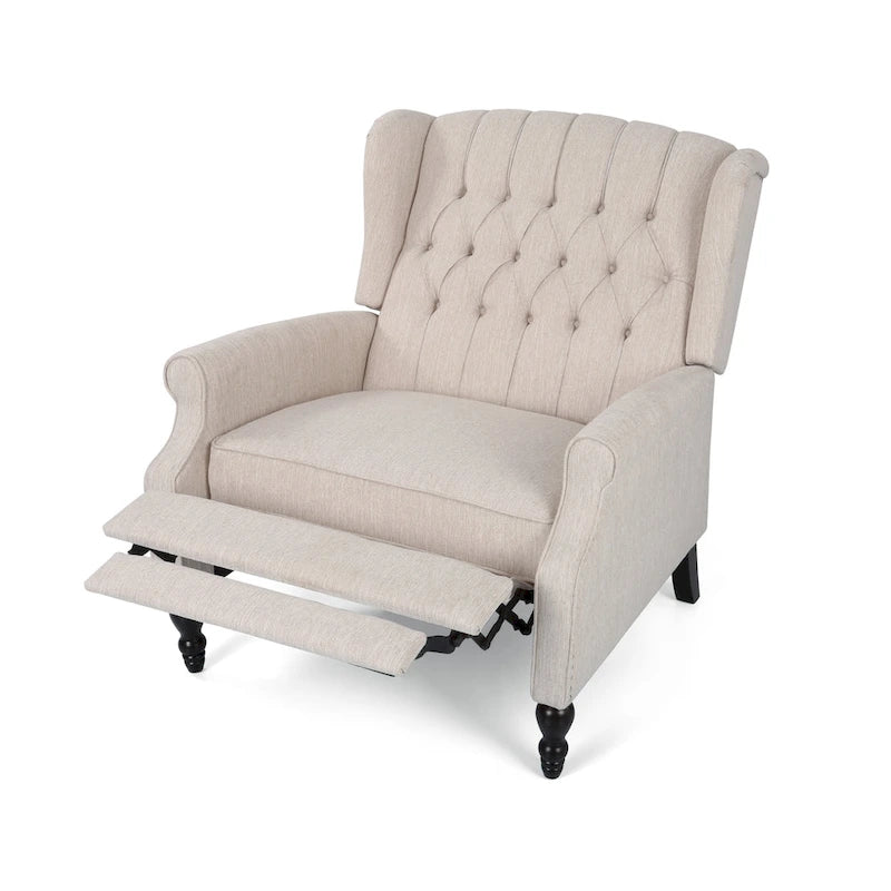 Coussin Teal / Blush Clair / Gris Clair / Beige + Pieds Marron Foncé – Fauteuil inclinable à dossier capitonné avec ailes, une place