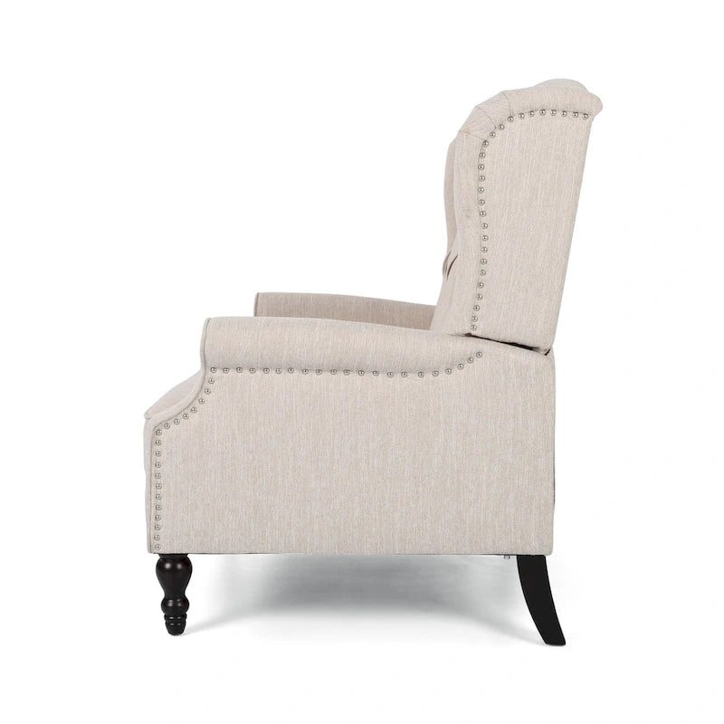 Coussin Teal / Blush Clair / Gris Clair / Beige + Pieds Marron Foncé – Fauteuil inclinable à dossier capitonné avec ailes, une place