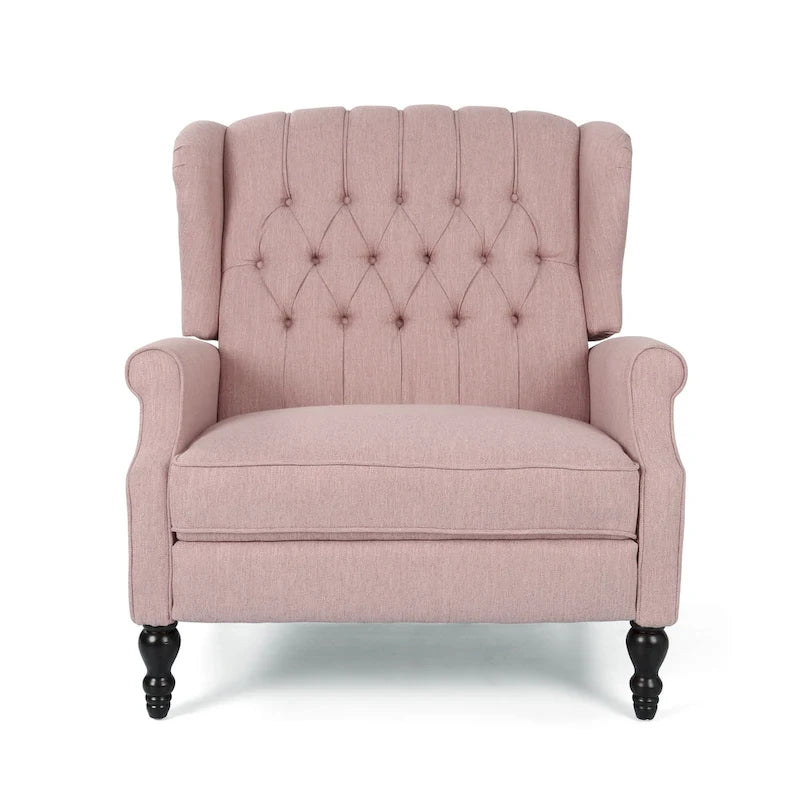 Coussin Teal / Blush Clair / Gris Clair / Beige + Pieds Marron Foncé – Fauteuil inclinable à dossier capitonné avec ailes, une place
