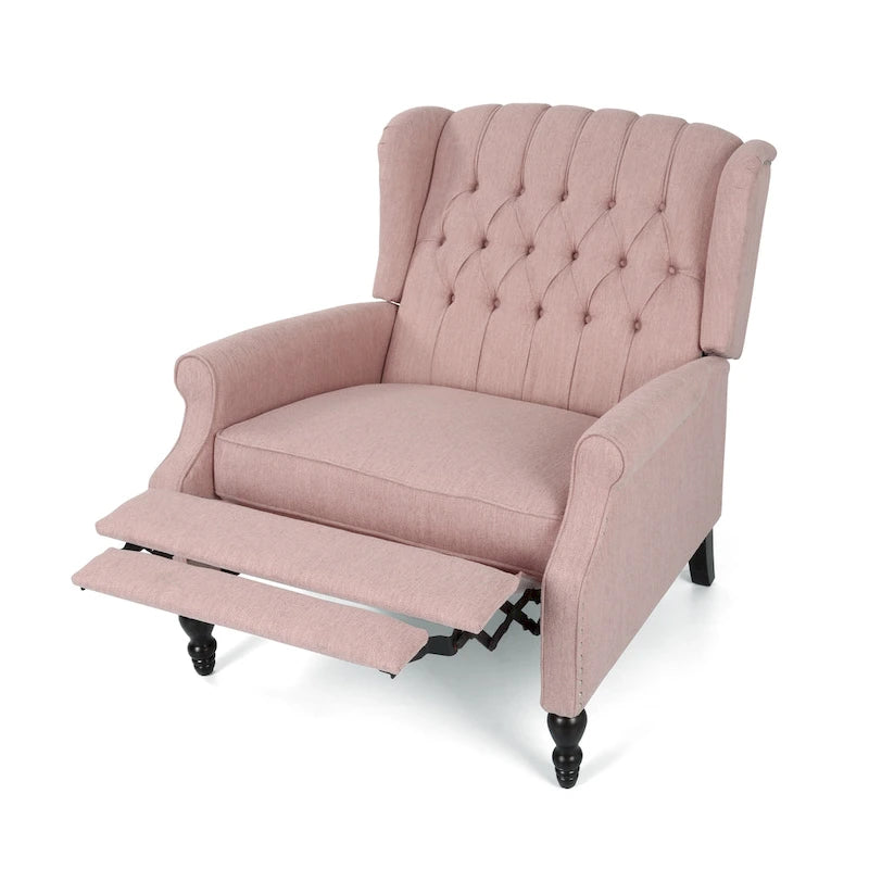 Coussin Teal / Blush Clair / Gris Clair / Beige + Pieds Marron Foncé – Fauteuil inclinable à dossier capitonné avec ailes, une place
