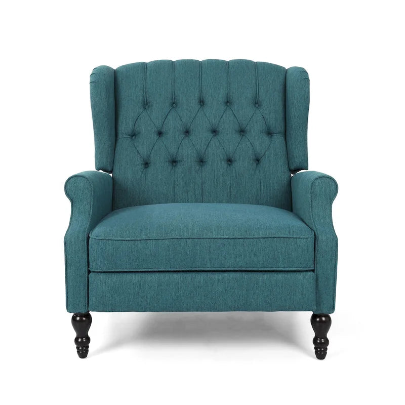 Coussin Teal / Blush Clair / Gris Clair / Beige + Pieds Marron Foncé – Fauteuil inclinable à dossier capitonné avec ailes, une place