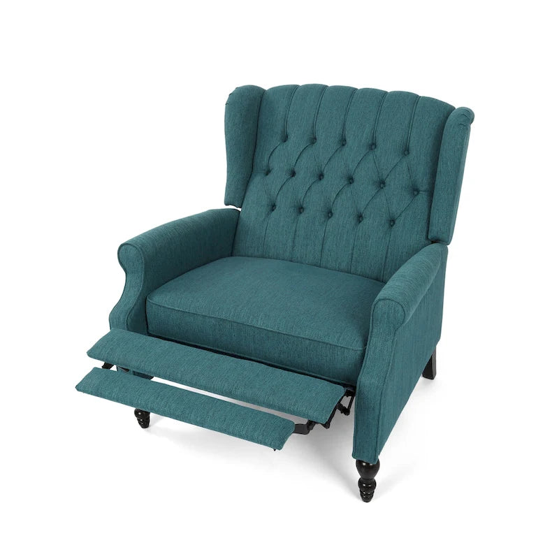 Coussin Teal / Blush Clair / Gris Clair / Beige + Pieds Marron Foncé – Fauteuil inclinable à dossier capitonné avec ailes, une place