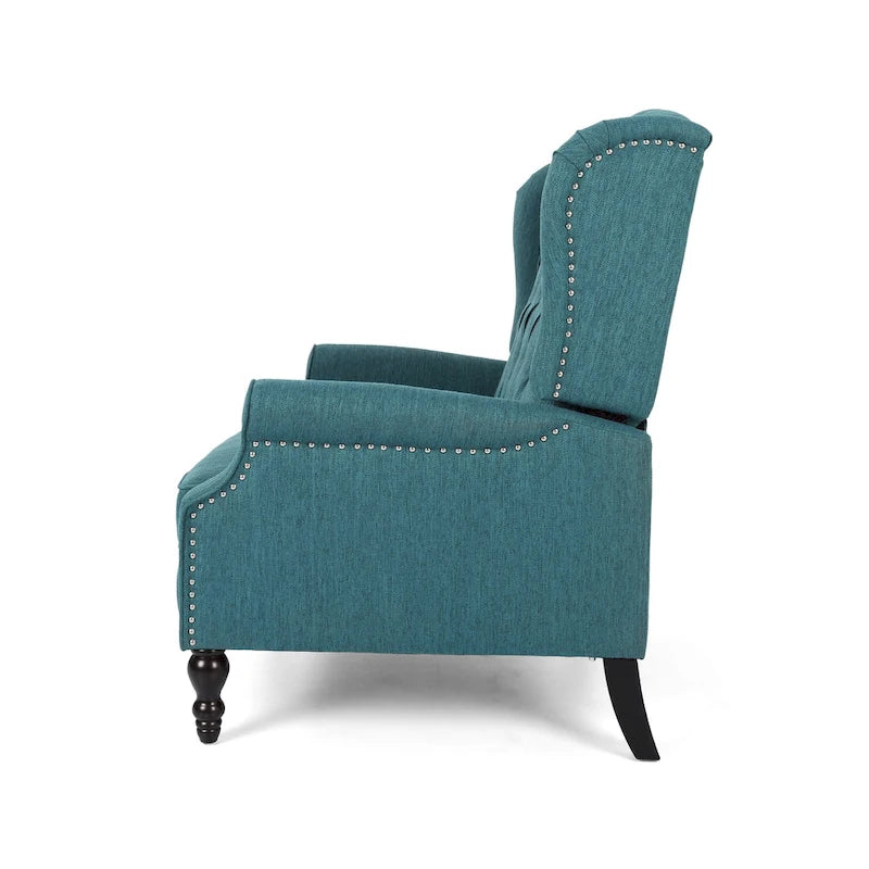 Coussin Teal / Blush Clair / Gris Clair / Beige + Pieds Marron Foncé – Fauteuil inclinable à dossier capitonné avec ailes, une place