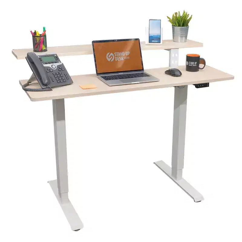 Bureau debout compact électrique programmable à deux niveaux Stand Up Desk Store (cadre blanc/plateau bouleau, 122 cm de large)