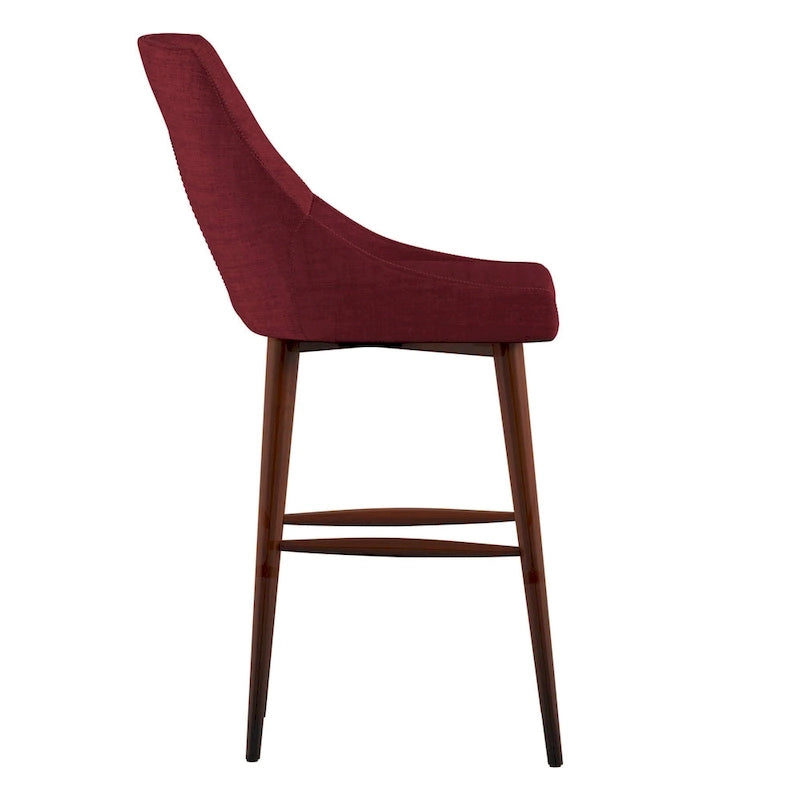 Tabouret de comptoir à dossier en tonneau en lin gris foncé / gris / bleu / rouge, pieds espresso, lot de 2