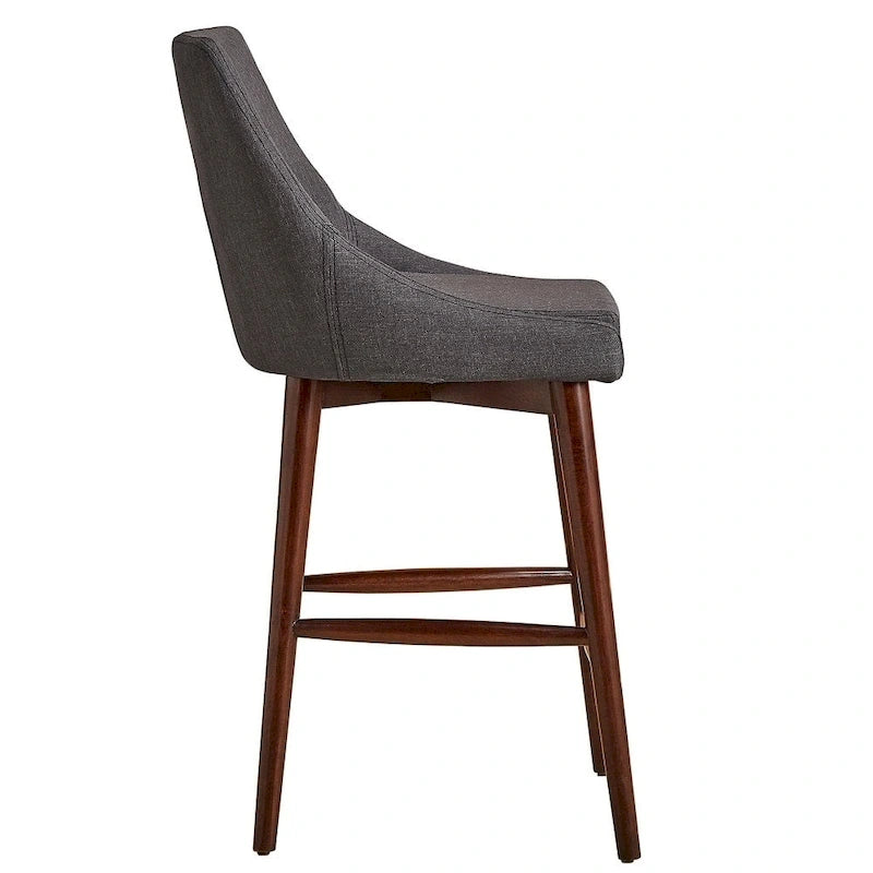 Tabouret de comptoir à dossier en tonneau en lin gris foncé / gris / bleu / rouge, pieds espresso, lot de 2