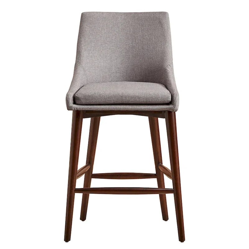 Tabouret de comptoir à dossier en tonneau en lin gris foncé / gris / bleu / rouge, pieds espresso, lot de 2