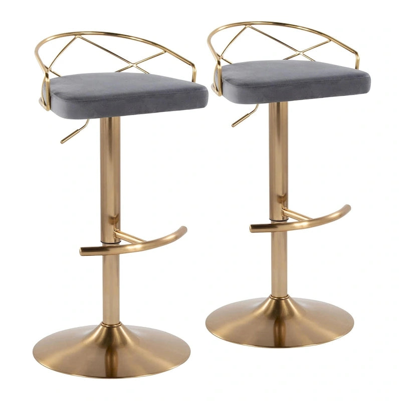 Lot de 2 tabourets de bar réglables – Velours/Similicuir, Métal Or/Chrome