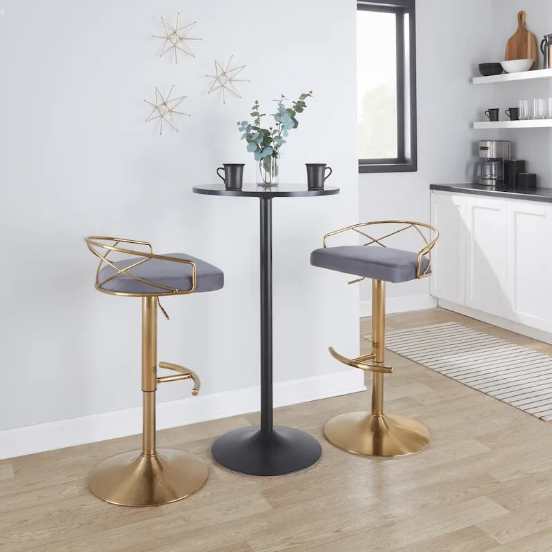 Lot de 2 tabourets de bar réglables – Velours/Similicuir, Métal Or/Chrome
