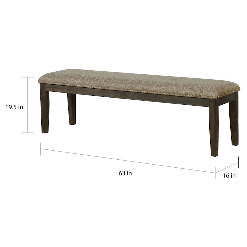 Banc de salle à manger en tissu gris et expresso avec garniture cloutée, 2-3 places