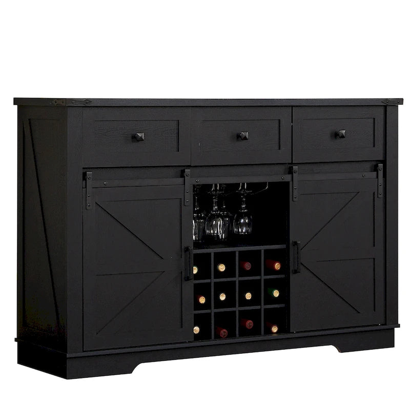 Bahut de ferme noir/blanc avec porte coulissante de style grange, 3 tiroirs et casier à vin – 1 unité