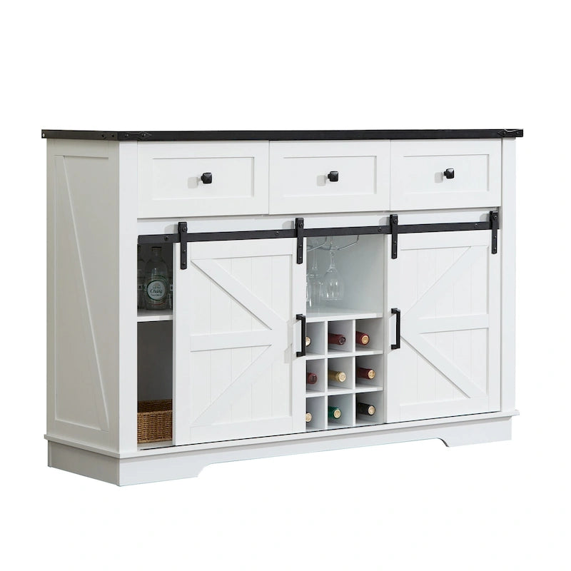 Bahut de ferme noir/blanc avec porte coulissante de style grange, 3 tiroirs et casier à vin – 1 unité