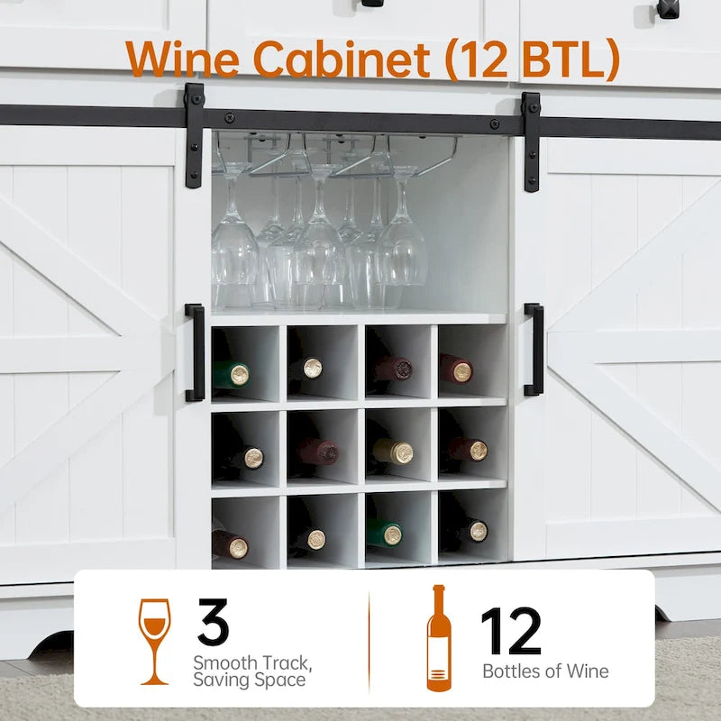 Bahut de ferme noir/blanc avec porte coulissante de style grange, 3 tiroirs et casier à vin – 1 unité