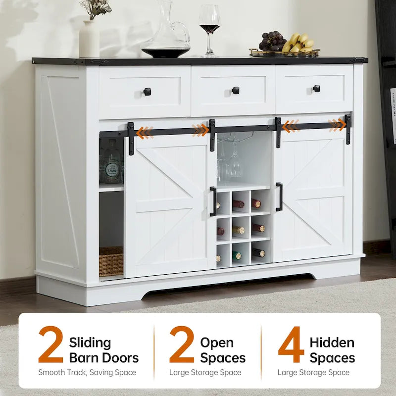 Bahut de ferme noir/blanc avec porte coulissante de style grange, 3 tiroirs et casier à vin – 1 unité